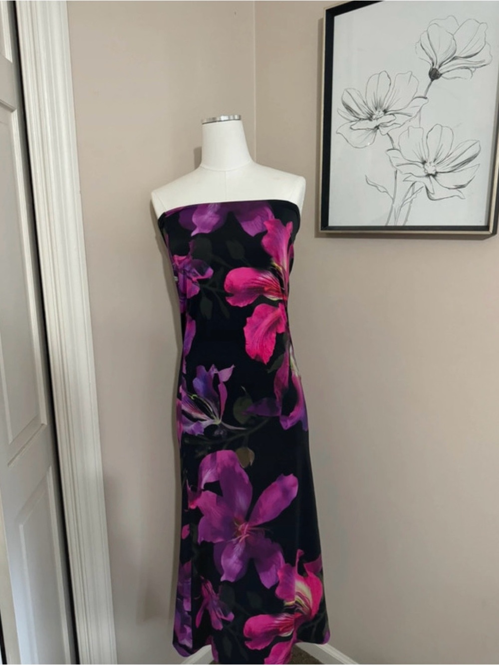 Strapless Floral Maxi Dress in Black with Pink & Purple